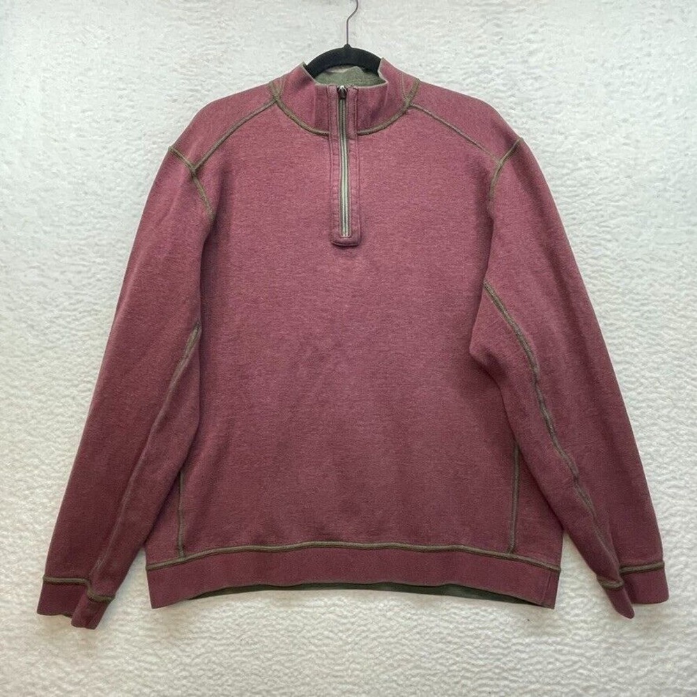 Tommy Bahama Sweatshirt Mens Large Red Gray Flipshore 1/4 Zip Reversible Sweater